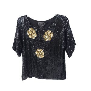 Joseph Le Bon Blouse Womens Medium Vintage Silk Beaded Short Sleeve Sequin Top
